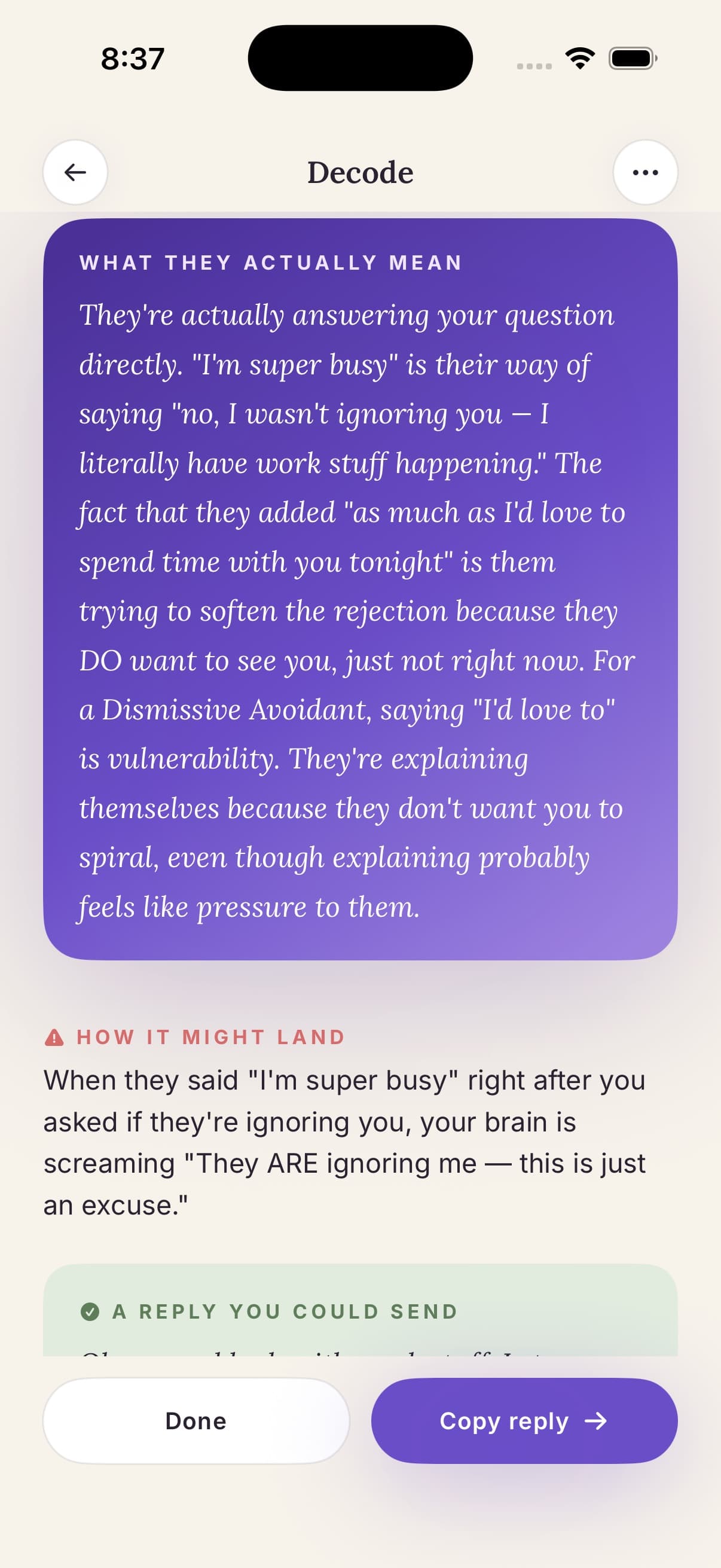 Decode result showing what a partner's message actually means