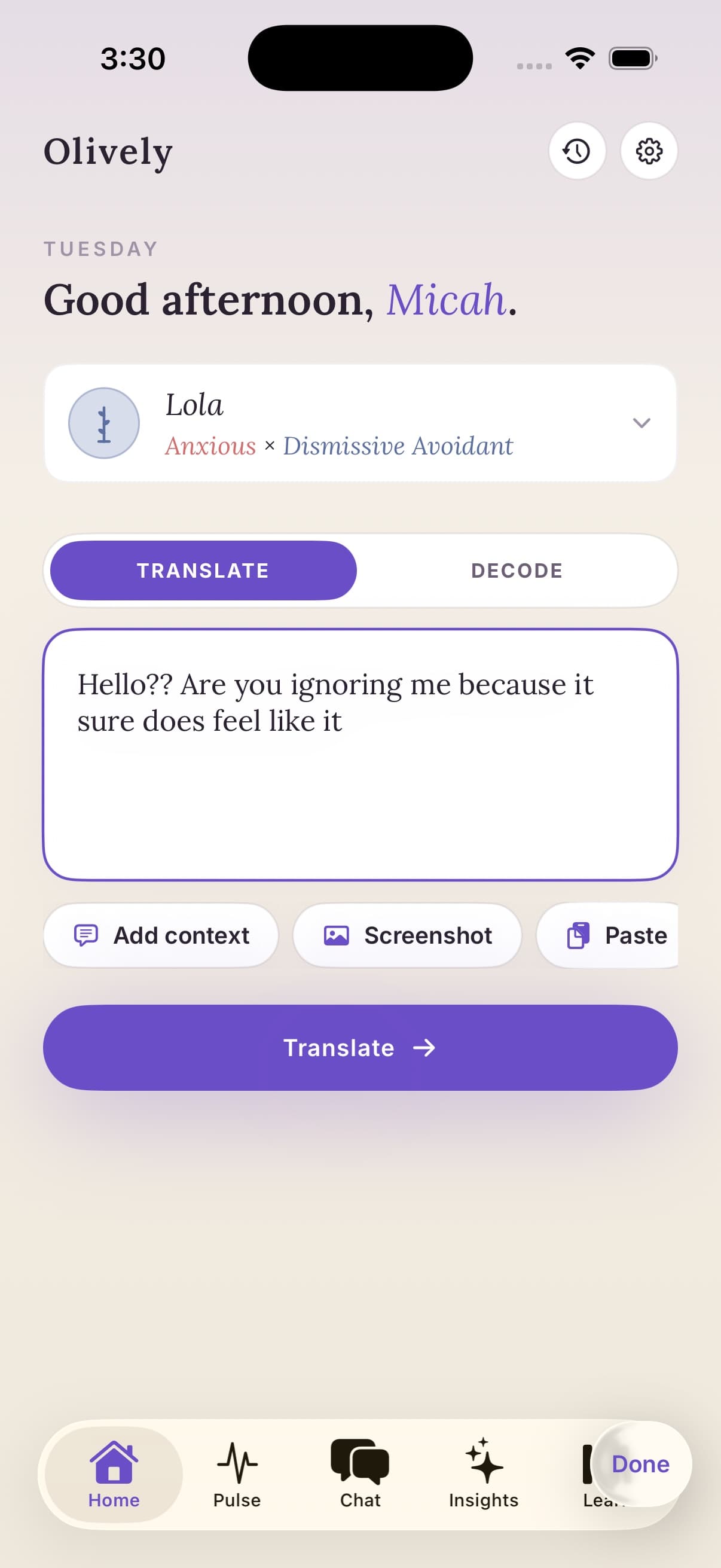 Olively home screen with a partner profile and a draft message ready to translate