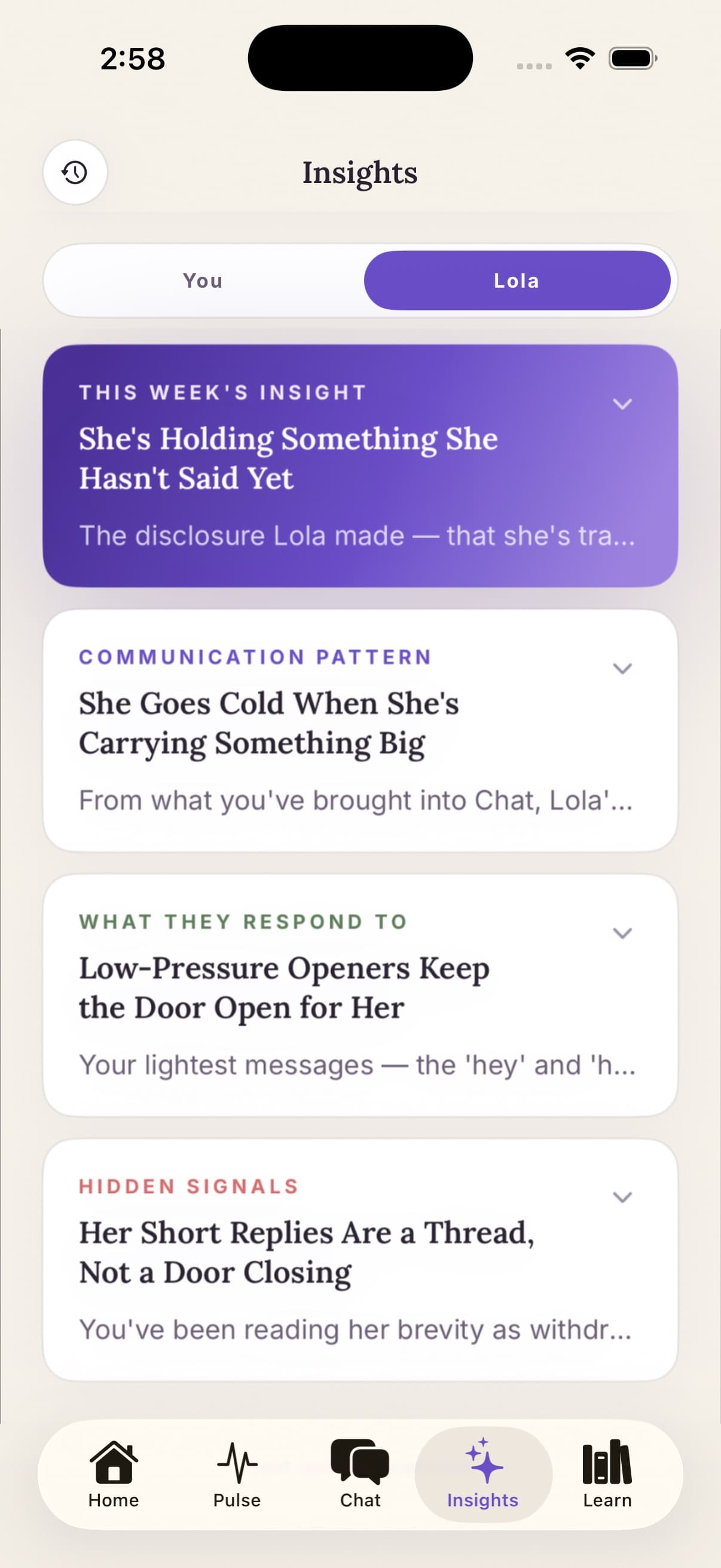Insights tab with weekly relationship patterns