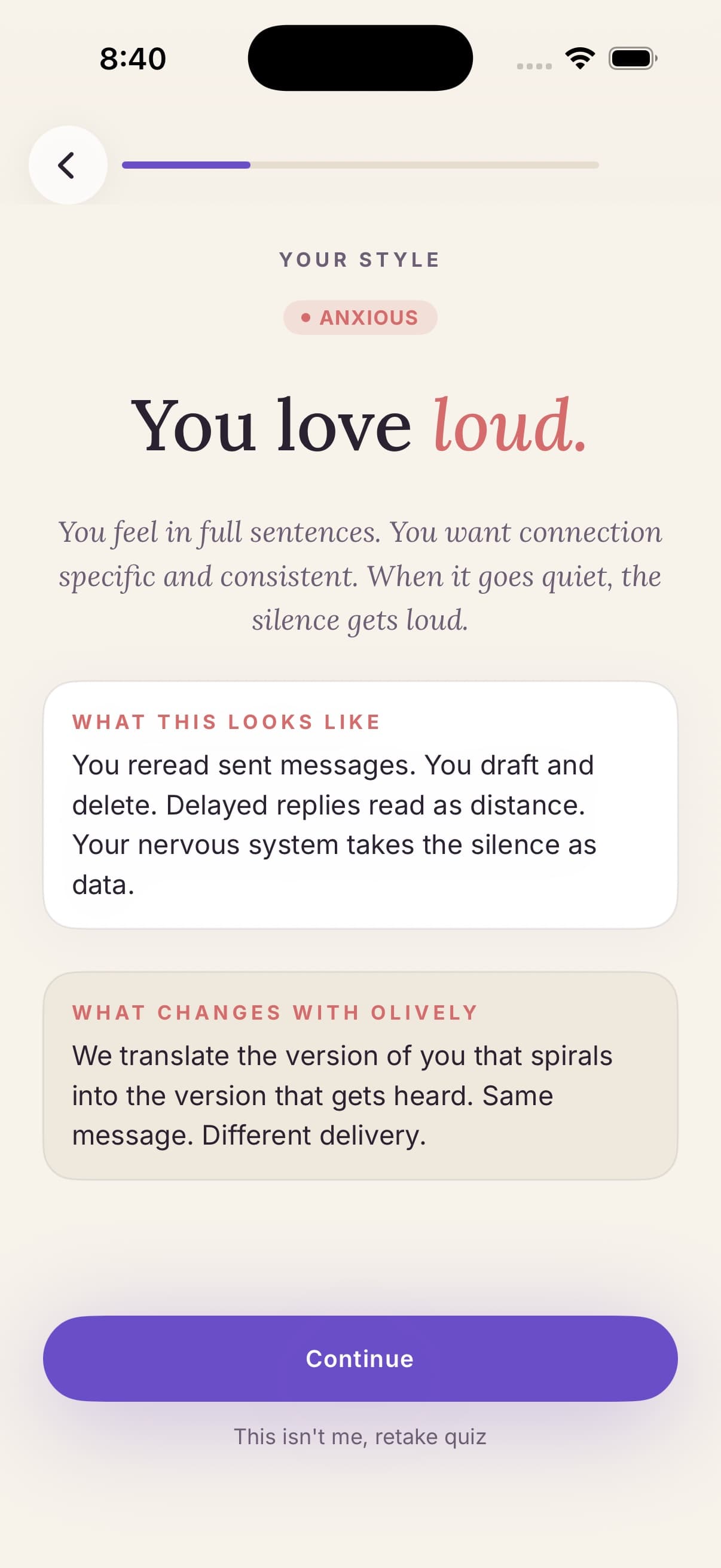 Attachment quiz result screen reading You love loud