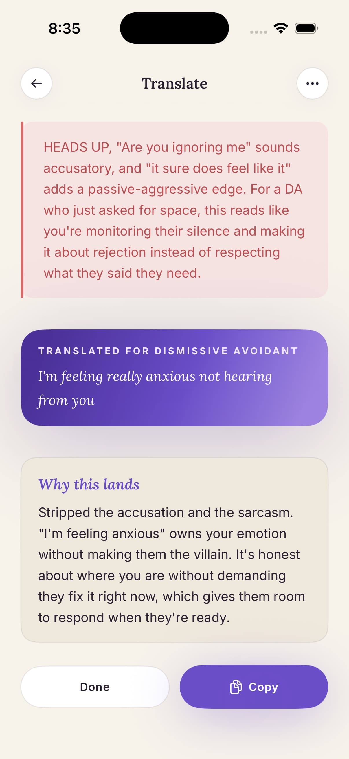Translated message with the Why this lands explanation